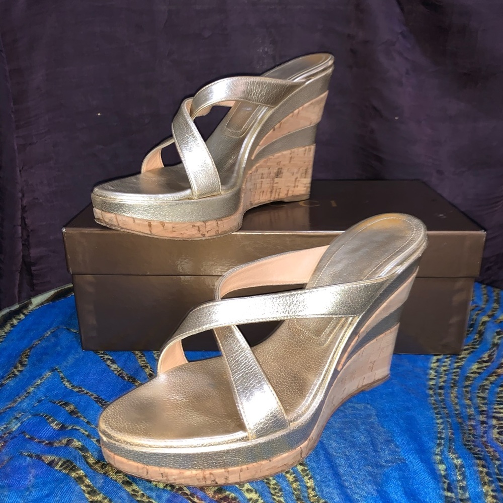 Casadei, Vintage Metallic Pale Gold Platform Wedges, Sz 9, EUC